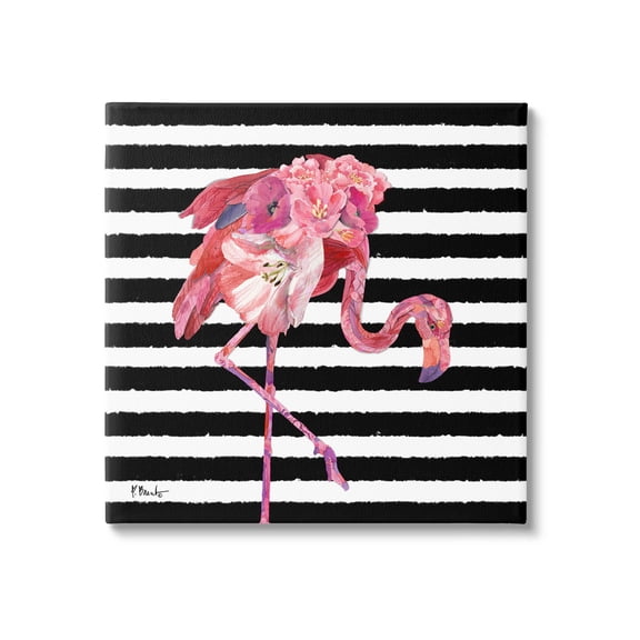 Floral Stripes Flamingo Bird Animals & Insects Graphic Art Gallery Wrapped Canvas Print Wall Art