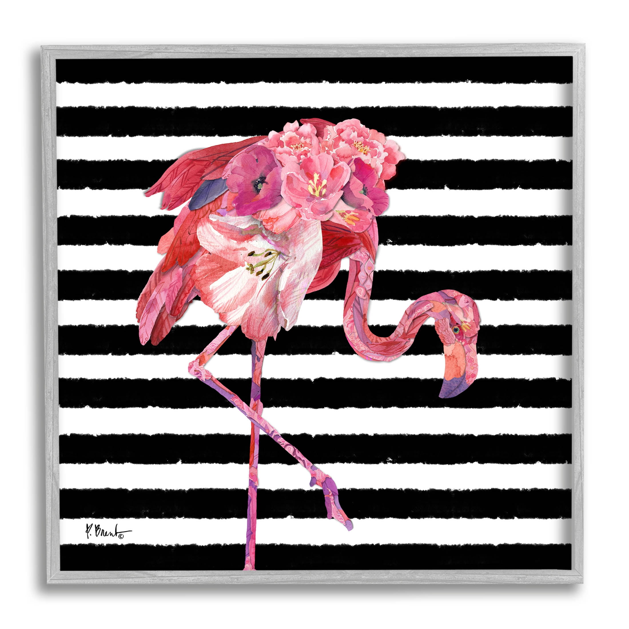Floral Stripes Flamingo Bird Animals & Insects Graphic Art Gray Framed Art Print Wall Art