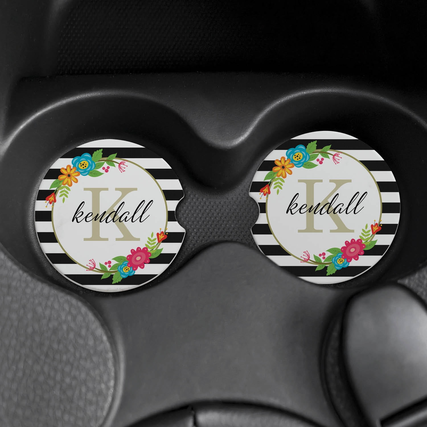Floral Stripes Personalized Car Coaster Set