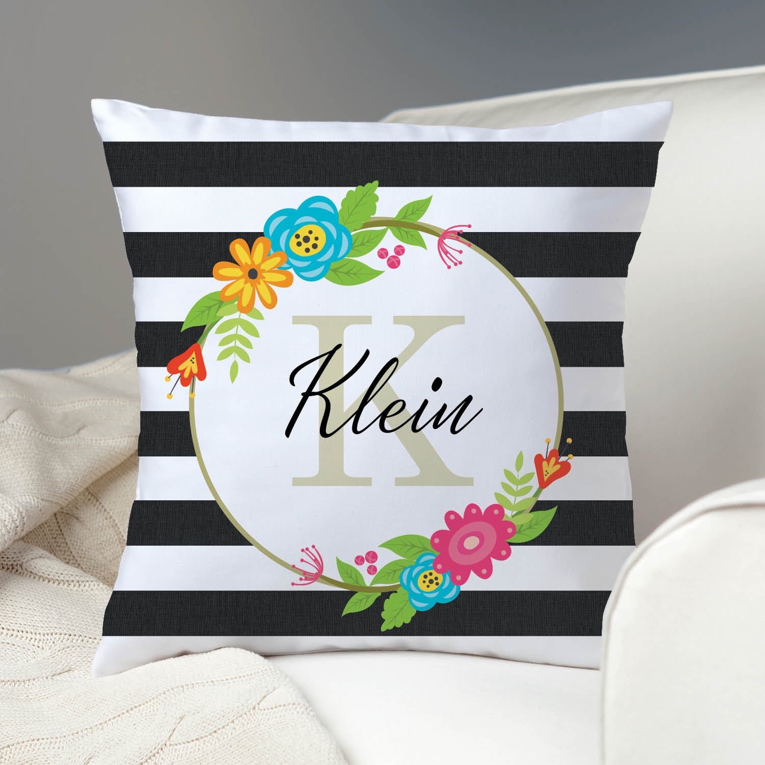 Floral Stripes Personalized Throw Pillow