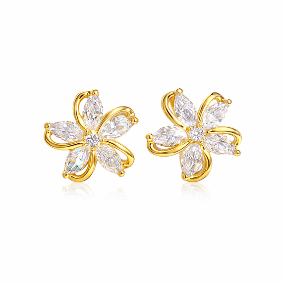 Floral Stud Clear, Cubic Zirconia Floral Design Earrings, Gold Plated