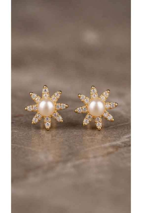 Floral Stud Earring Elegant Pearl Center Sparkle Stone Design Lightweight Daily Wear Stylish Jewelry Gift for Any Occasion