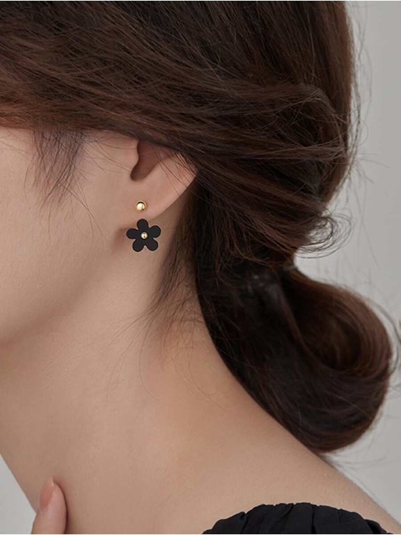 Floral Stud Earring Jackets Multicolor Black Flower With Gold Center