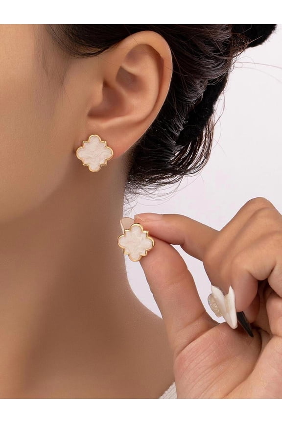 Floral Stud Earrings with Gold-Tone Frame, White, 2-Pack