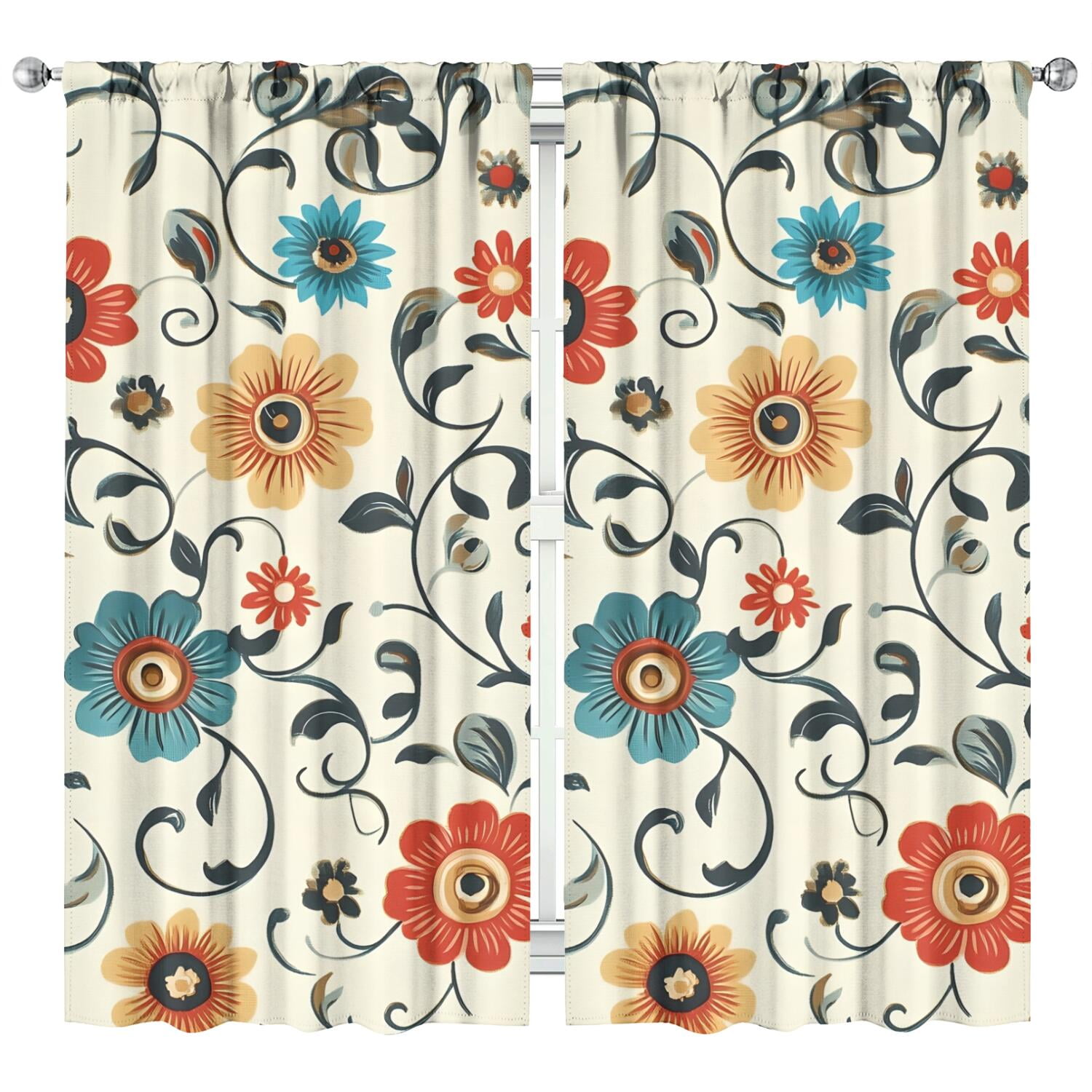 Floral Style Curtains 42x84 Inch 2 Panels Rod Pocket Blackout Drapes for Bedroom and Light Filtering