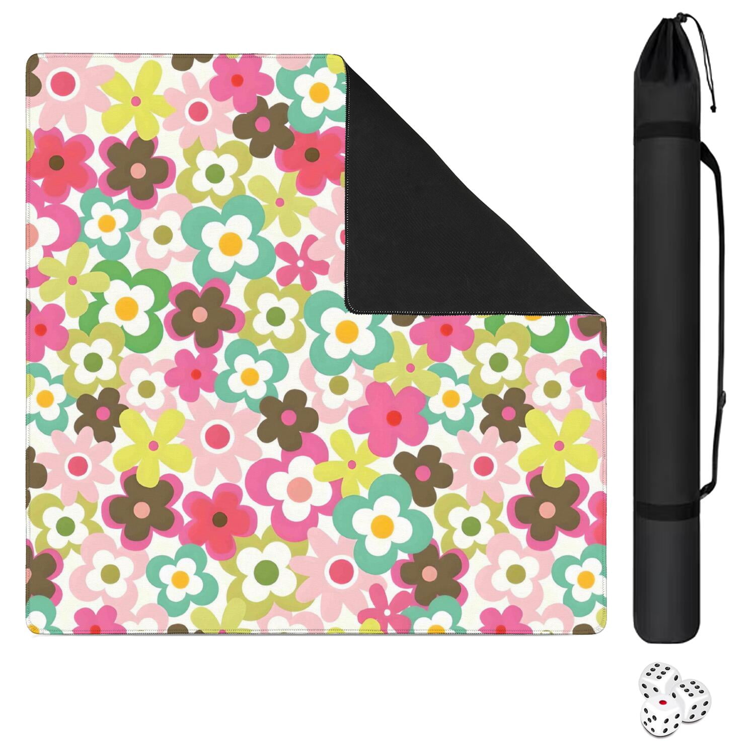 Floral Style Mahjong Tile Mat 31.5 Inch Square Rubber Construction Offers Non-Slip Grip and Sound Reduction for Games