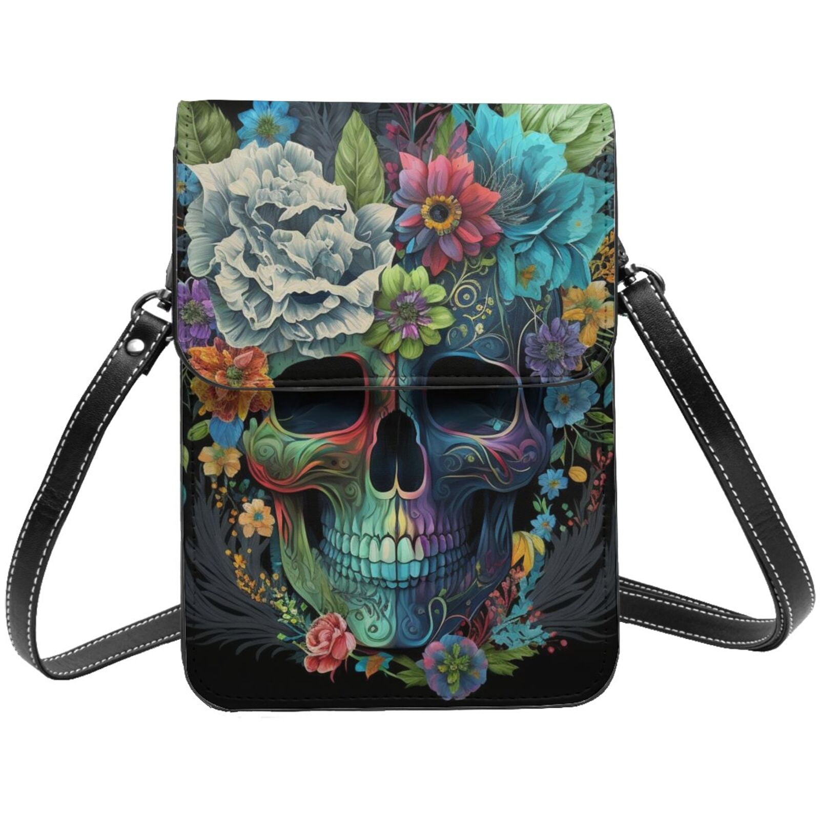 Floral Sugar Skull Flowers Cell Phone Purse Small Crossbody Bag with Strap Credit Card Slots Leather Shoulder Wallet for Women