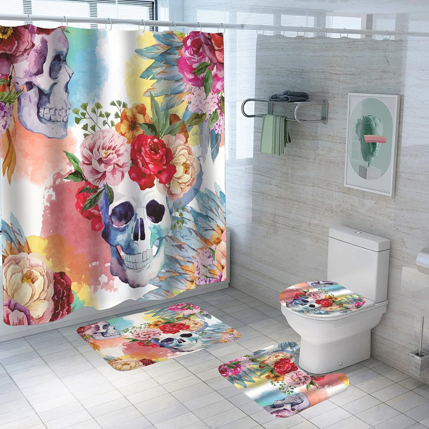 Floral Sugar Skull Shower Curtain Sets with Non-Slip Rugs,Toilet Lid ...