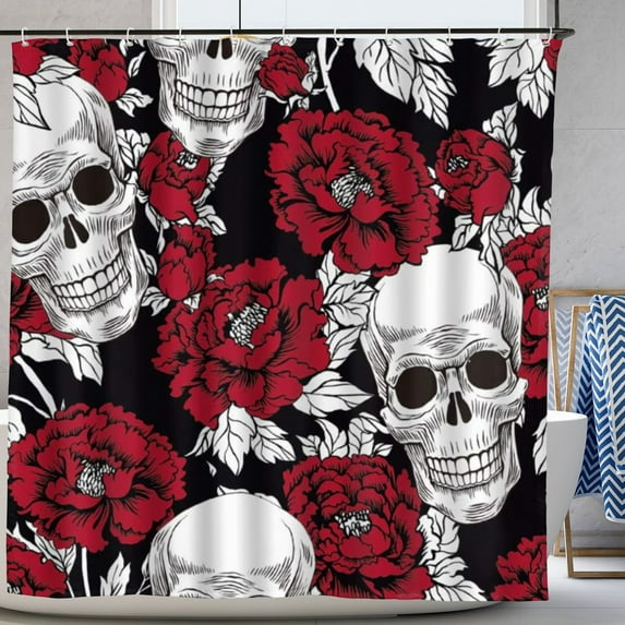 Floral Sugar Skull Skeleton Horror Art Polyester Bathroom Shower Curtain 72"X72" with Hooks