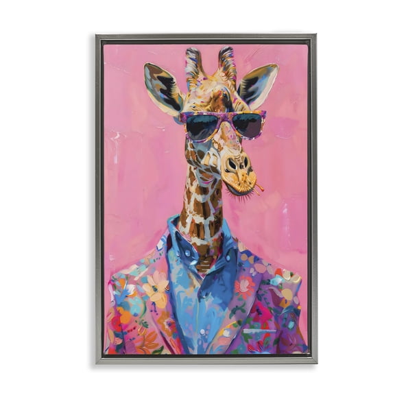 Stupell Industries Floral Suit Giraffe over Pink Gray Framed Floater Canvas Wall Art, design by LSR Design Studio