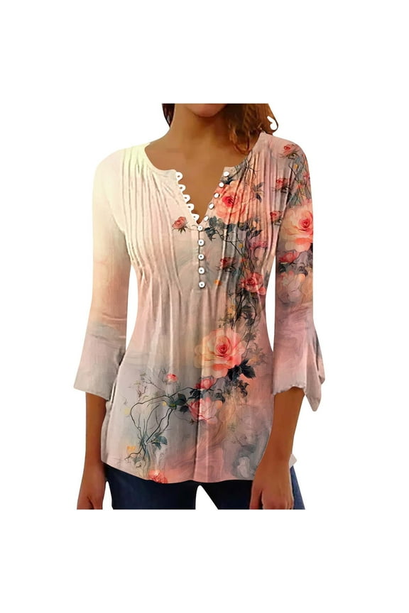 Floral Summer Tops for Women Sunflower V-neck 3/4 Lace Sleeve Pleated Button Casual Print Top