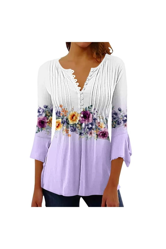 Floral Summer Tops for Women Sunflower V-neck 3/4 Lace Sleeve Pleated Button Casual Print Top