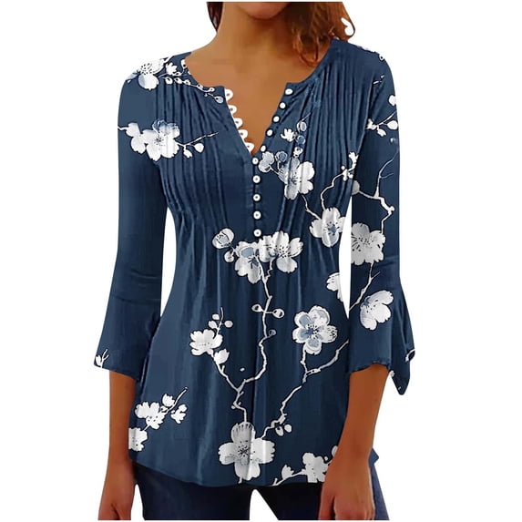 Floral Summer Tops for Women V-neck 3/4 Lace Sleeve Pleated Button Casual Print Tunic Top