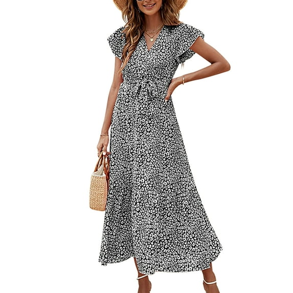 Floral Summer Womens Dress V Neck Sleeve A-Line Bohemian Maxi Dress with Belted