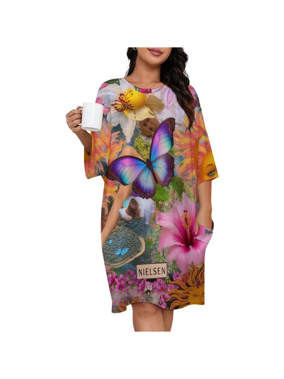 Floral Sun Butterfly Collage Art Sleepshirts For Sleeping Travels Loose Sleepdress Pajama Dress Soft Nightdress Sleepwear