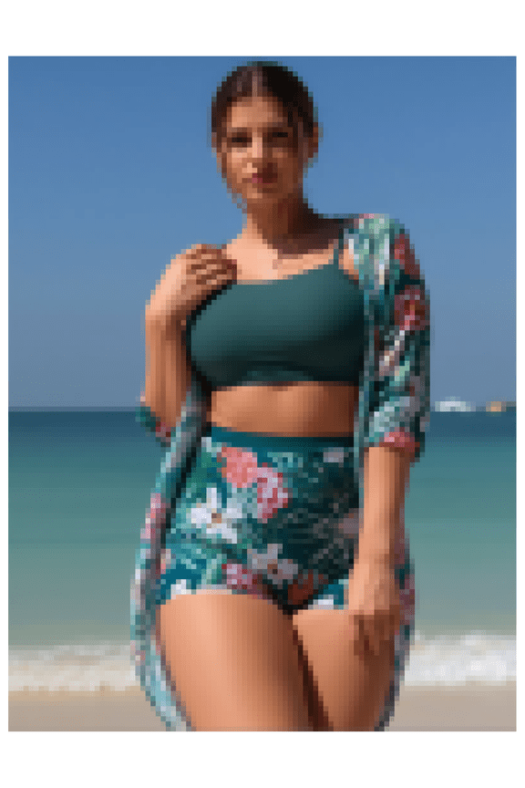 Floral Sun Protection Cover-Up Pants Set; Women's Beach Swimsuit Cover-Up; Slimming One-Neck Wide Leg Pants; Vacation Outfit with Belly Coverage; High Elasticity