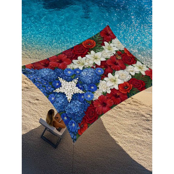 Floral Sun Shade Sail 6.5' x 10', Puerto Rico's Star Flag Theme Flowers Collage Rectangle Outdoor Sunshade Canopy, Waterproof UV Block Patio Covers for Garden Yard Beach
