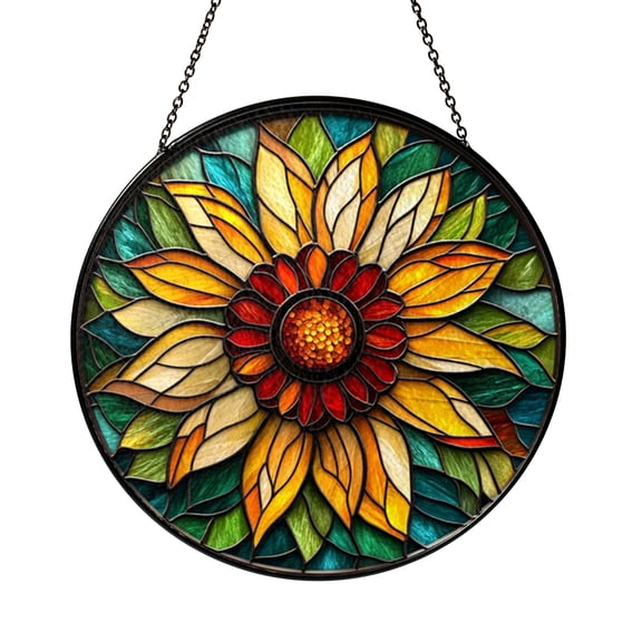 Floral Sunburst Glass Window Hanging – Decorative Stained Glass Style Art