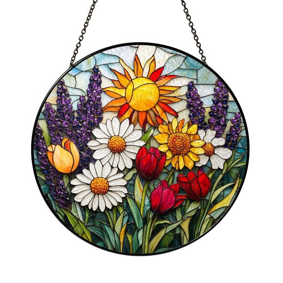 Floral Sunburst Stained Glass Suncatcher Spring Window Art