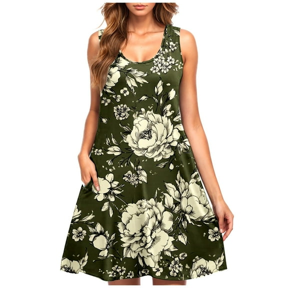 Floral Sundress for Women Summer Sleeveless Tank Dress Casual Mini Dresses with Pockets Vacation Beach Dress