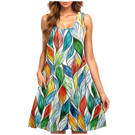 Floral Sundress for Women Summer Sleeveless Tank Dress Casual Mini Dresses with Pockets Vacation Beach Dress