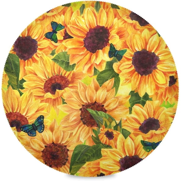 Floral Sunflower Butterfly Art, Elastic Fitted Edged Round Tablecloth Waterproof Anti-Shrink Soft Polyester Table Cloth Washable Table Cover for Banquet Home Indoor or Outdoor 60"X 60"