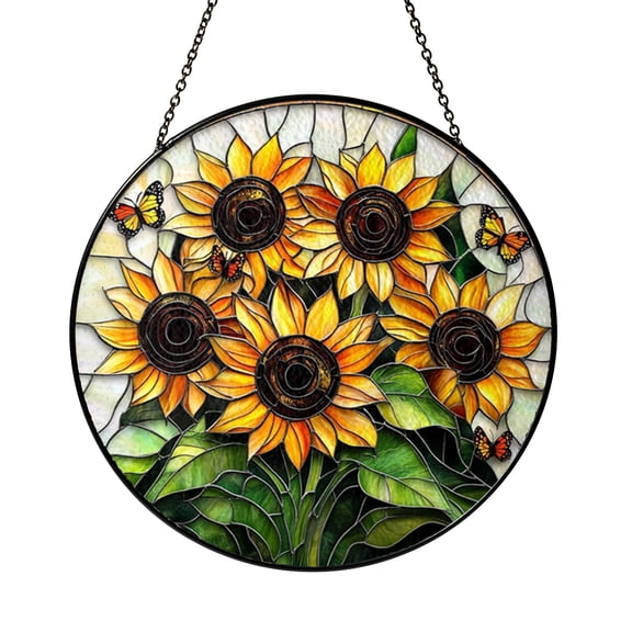 Floral Sunflower Butterfly Stained Glass Style Window Panel