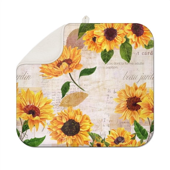 Floral Sunflower Dish Drying Mat, Microfiber Pad for Kitchen Countertop, Foldable and Absorbent Dish Rack Drainer Mat, 16x18 Inch