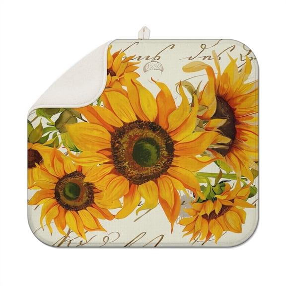 Floral Sunflower Dish Rack Pad for Kitchen Sink or Counter, Microfiber Absorbent Mat 16x18 Inch, Foldable Design