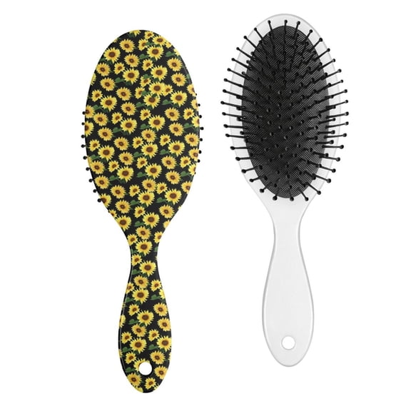 Floral Sunflower Hair Brush, Boho Chic Vintage Style Detangler with Yellow Rustic Farmhouse Pattern and Artistic Watercolor Design