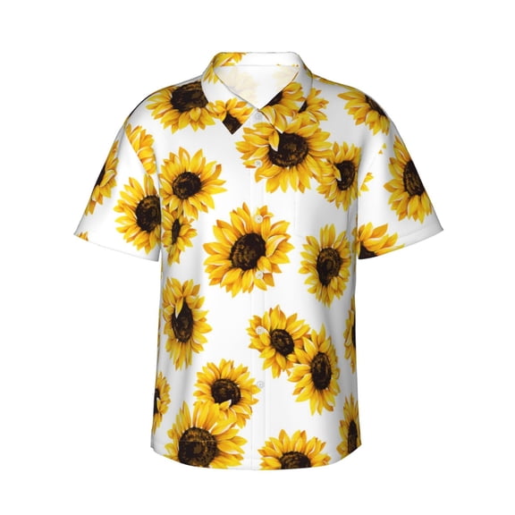 Floral Sunflower Hawaiian Shirts For Men, Summer Short-Sleeve Relaxed-Fit Button-Down Shirts Large