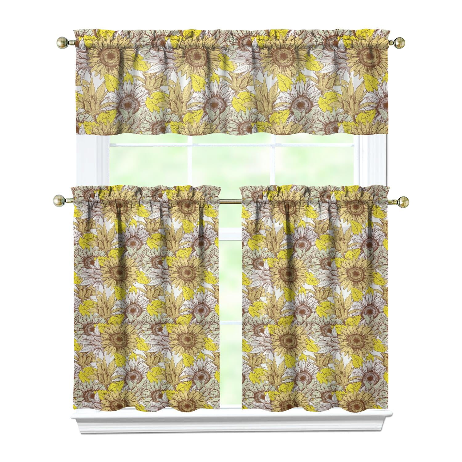 Floral Sunflower Kitchen Curtains Set - 3 PC Tier & Valance, Boho ...