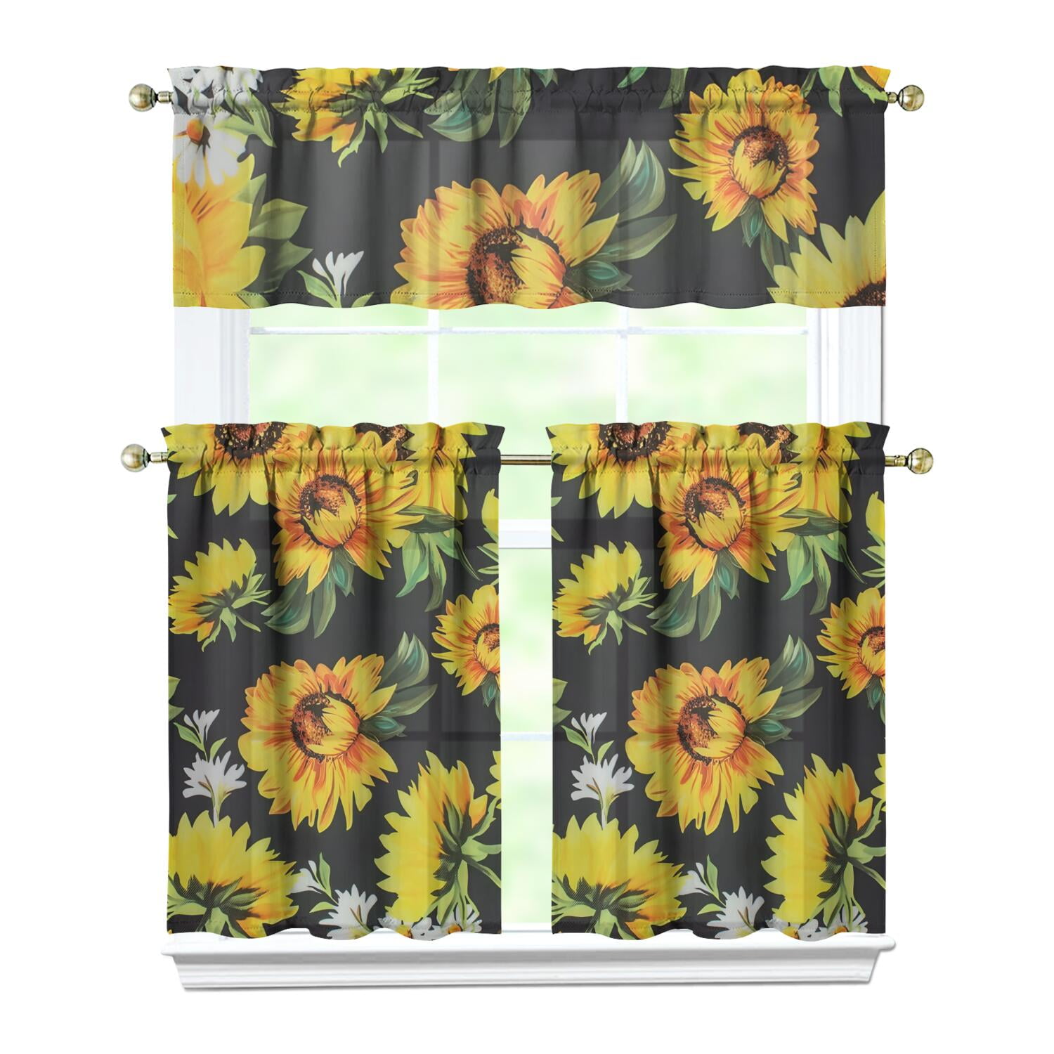 Floral Sunflower Kitchen Curtains Set - 3 PC Tier & Valance, Boho ...