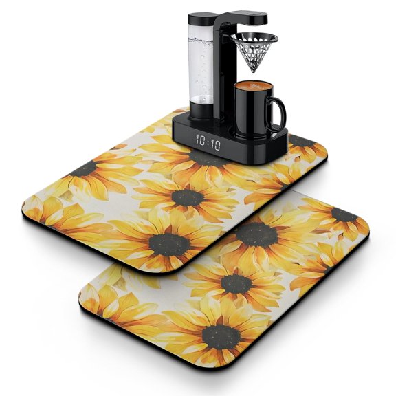 Floral Sunflower Pattern Dish Drying Mat, Absorbent Boho Coffee Bar Mat, Vintage Yellow Bloom Kitchen Mat, Rustic Farmhouse Decor