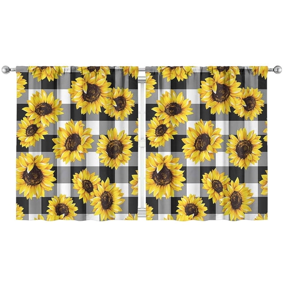 Floral Sunflower Pattern Kitchen Curtains Set of 2 - 52x63 Inch Semi-Sheer Panels, Boho Country Tier Curtains with Rod Pocket