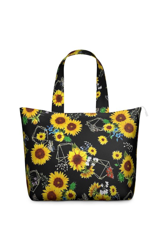 Floral Sunflower Pattern Tote Bag - Large Capacity Shoulder Bag with Zipper Closure, Vintage Yellow Bloom Design, Perfect for Fitness & Work Essentials