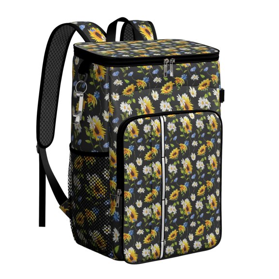 Floral Sunflower and Bee Illustration Insulated Cooler Backpack - 20L Picnic Backpack for Outdoor, Travel & Work, Rustic Yellow Pattern