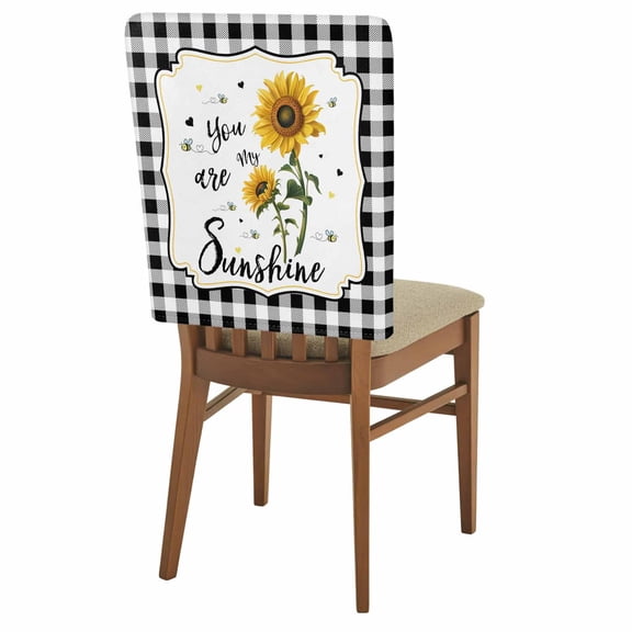 Floral Sunflowers Chair Back Covers Set of 1, Black Plaid You Are My Sunshine Country Stretch Dining Chair Back Slipcovers Removable Seat Cover for Kitchen Restaurant Hotel Cafe