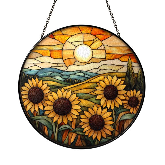 Floral Sunflowers Stained Glass Style Suncatcher Window Art, Nature Inspired Decor