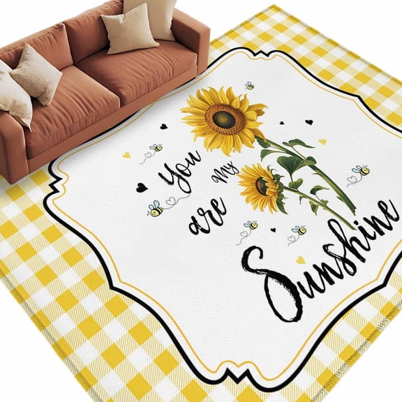 Floral Sunflowers Washable Area Rug 5 x 7 ft Yellow Plaid You Are My Sunshine Country, Soft Non Slip Rugs Stain Repellent Indoor Felt Carpet for Living Dining Room Bedroom Home Office