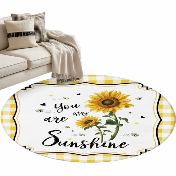 Floral Sunflowers Washable Round Area Rug 4 ft, Yellow Plaid You Are My Sunshine Country, Soft Non Slip Rugs Stain Repellent Indoor Felt Carpet for Living Dining Room Bedroom Home Office
