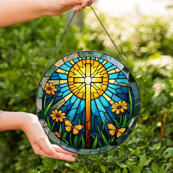 Floral Sunrise Cross Glass Suncatcher, Christian Faith Window Art, Religious Home Decor, 3.5 in