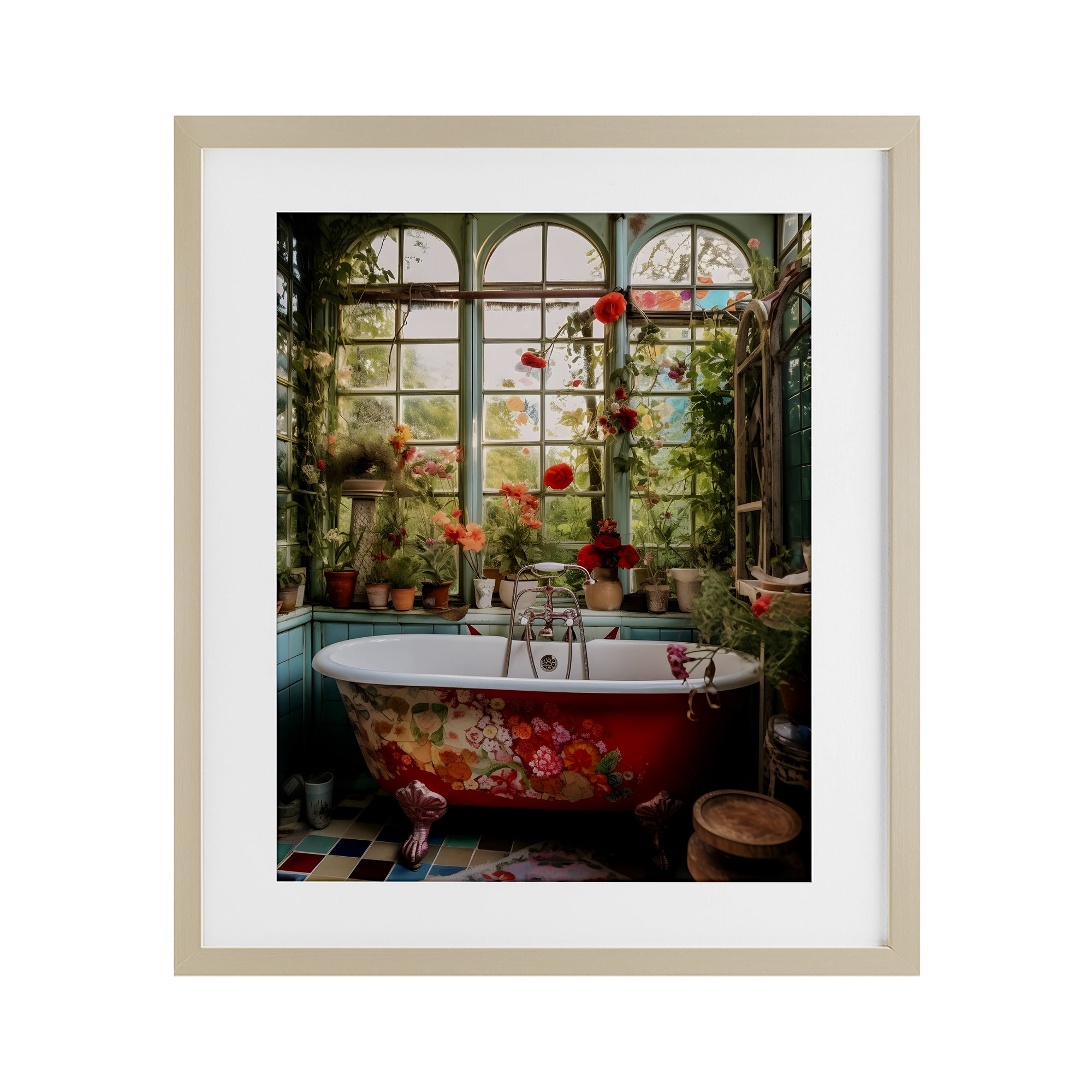 Floral Sunroom Tub Birch Framed Print Under Glass, design by Lettered and Lined