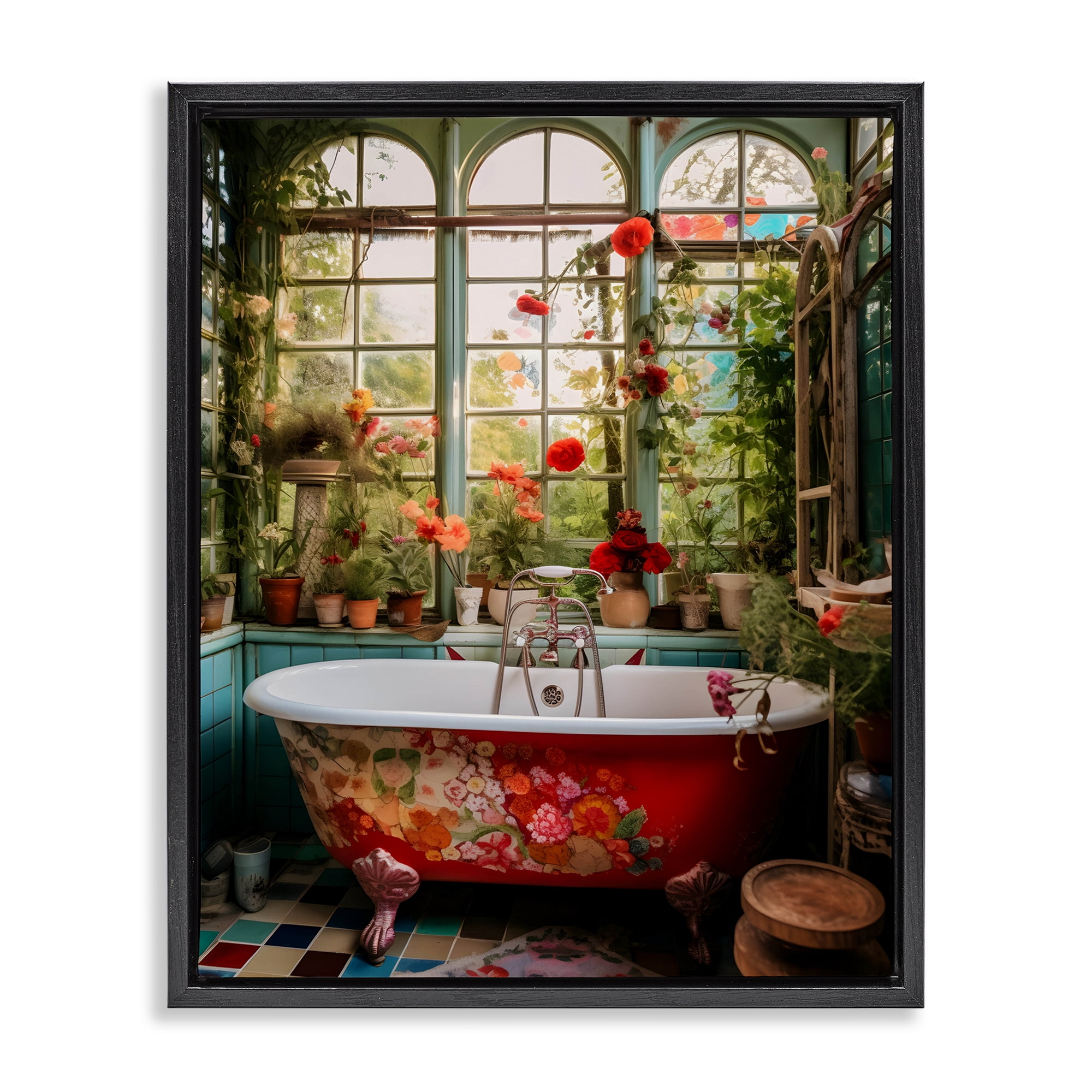 Floral Sunroom Tub Black Framed Floater Canvas Wall Art, design by Lettered and Lined
