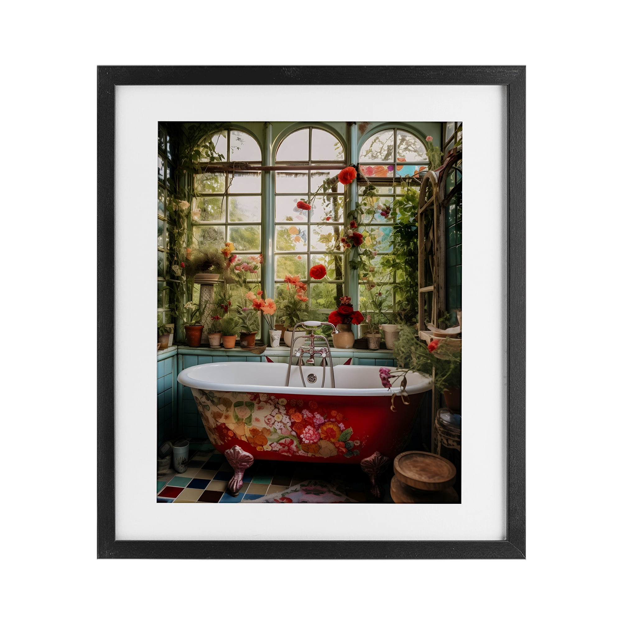 Floral Sunroom Tub Black Framed Print Under Glass, design by Lettered and Lined