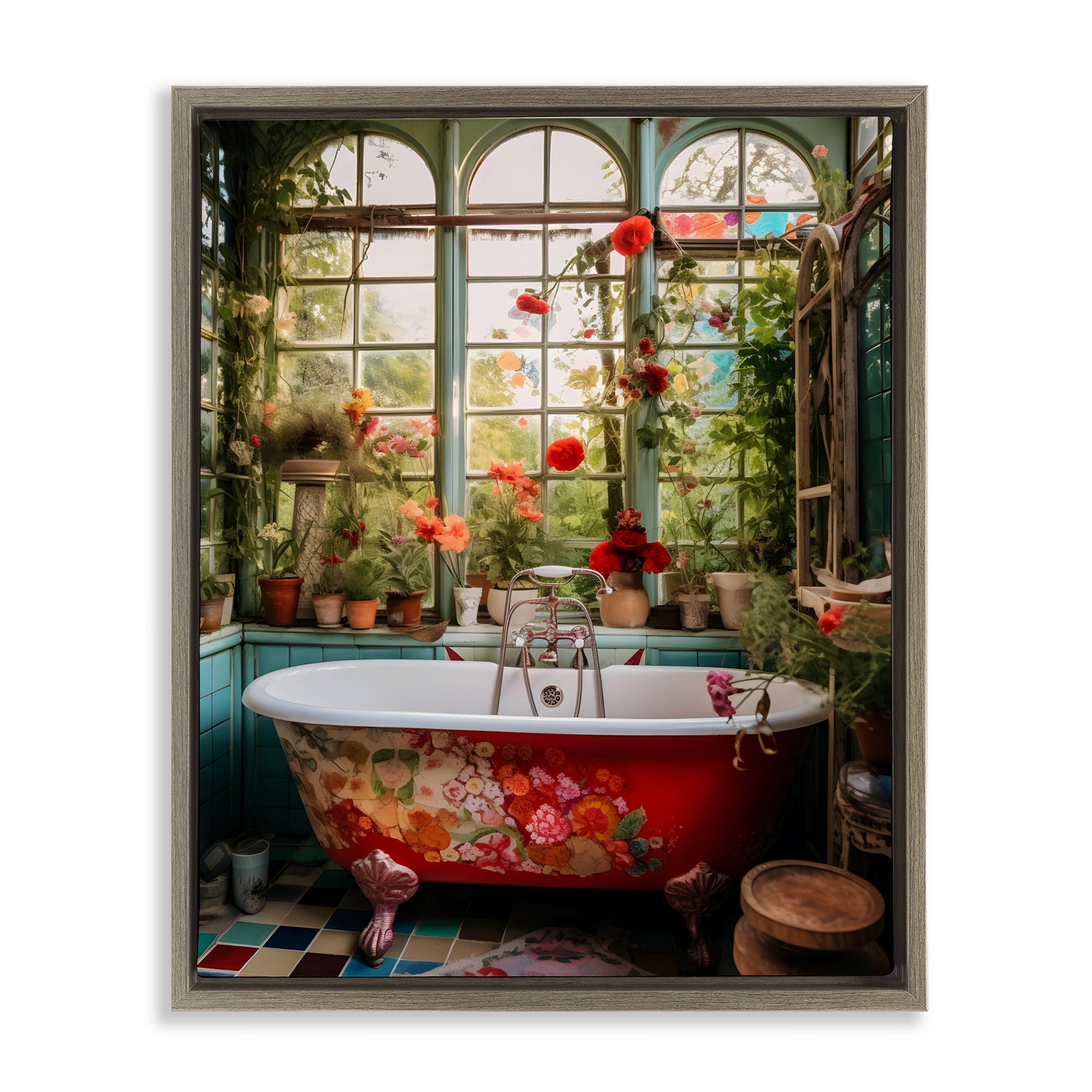 Floral Sunroom Tub Brown Framed Floater Canvas Wall Art, design by Lettered and Lined