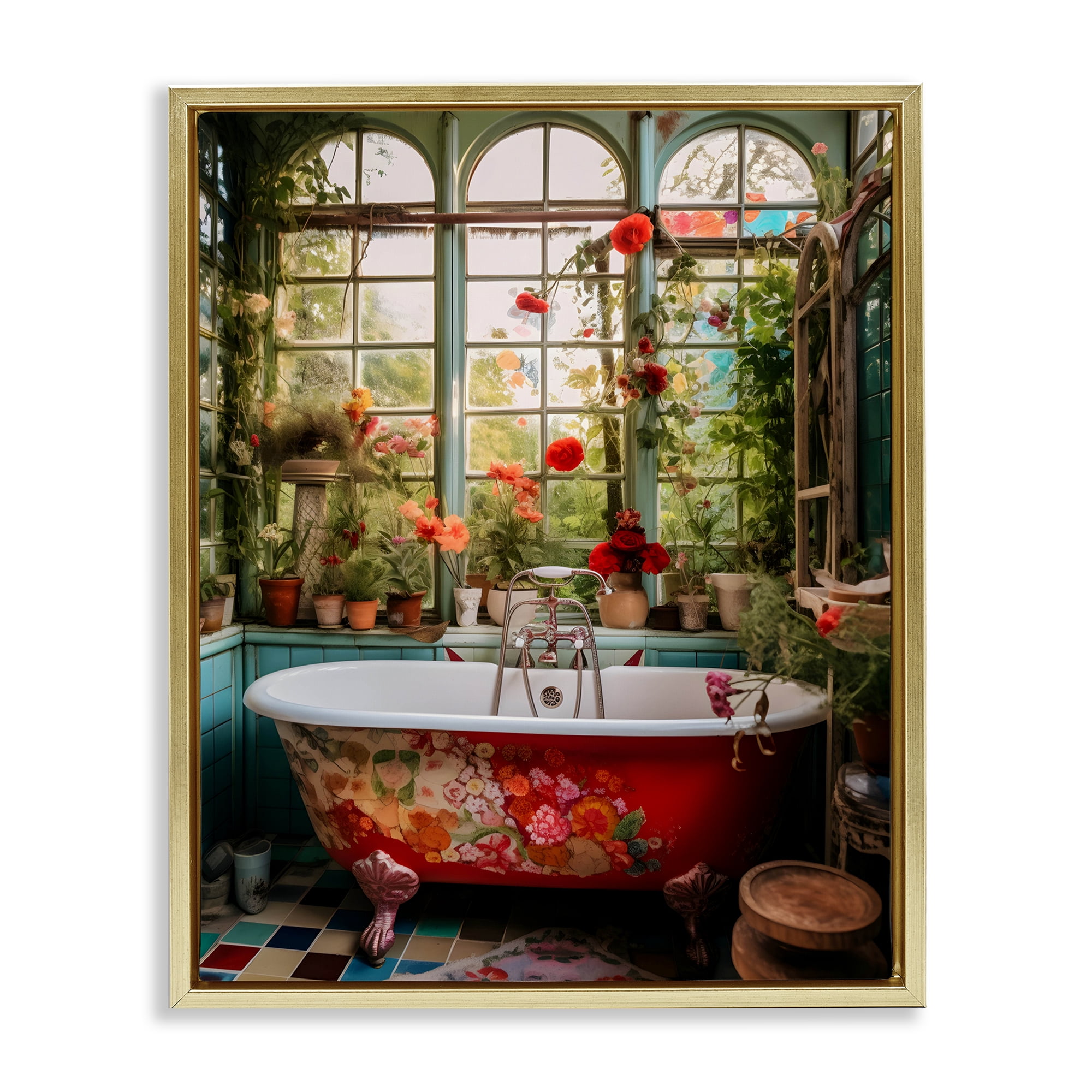 Floral Sunroom Tub Gold Framed Floater Canvas Wall Art, design by Lettered and Lined