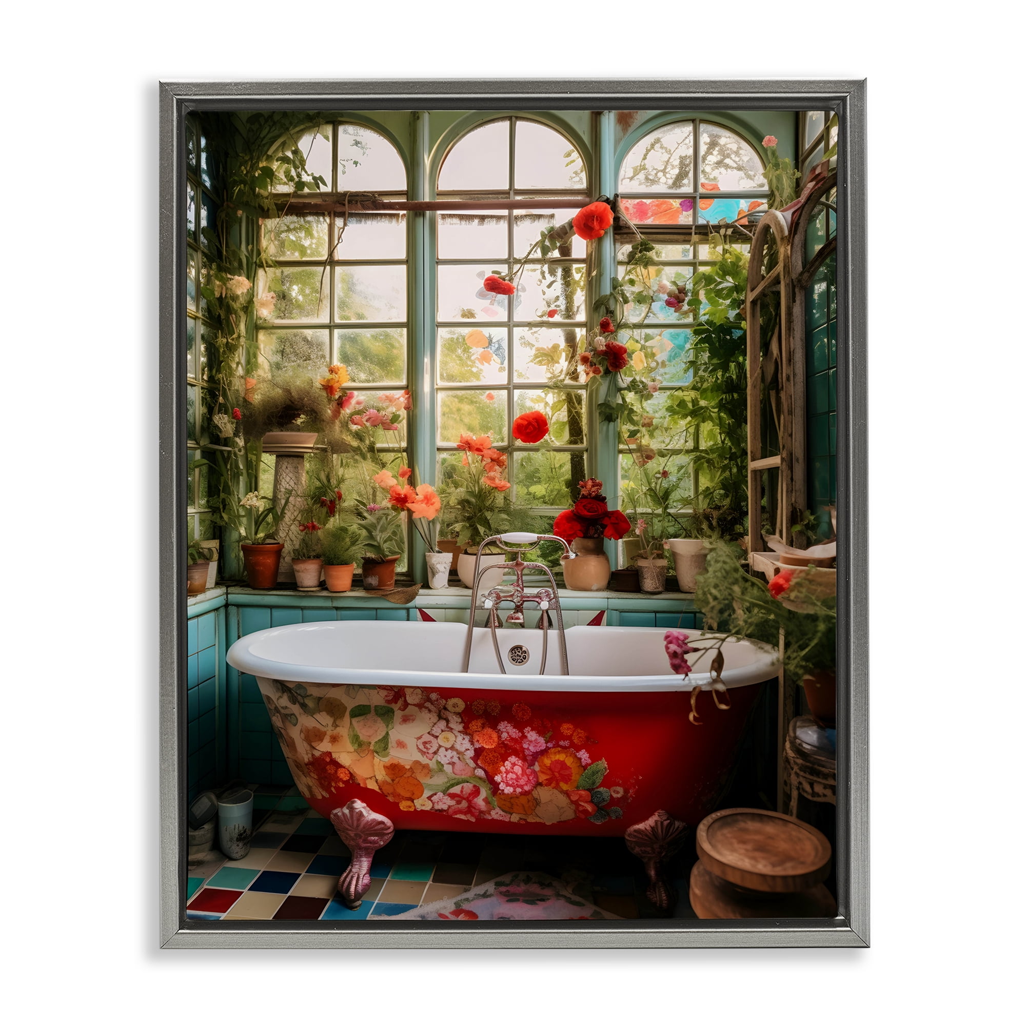 Floral Sunroom Tub Gray Framed Floater Canvas Wall Art, design by Lettered and Lined