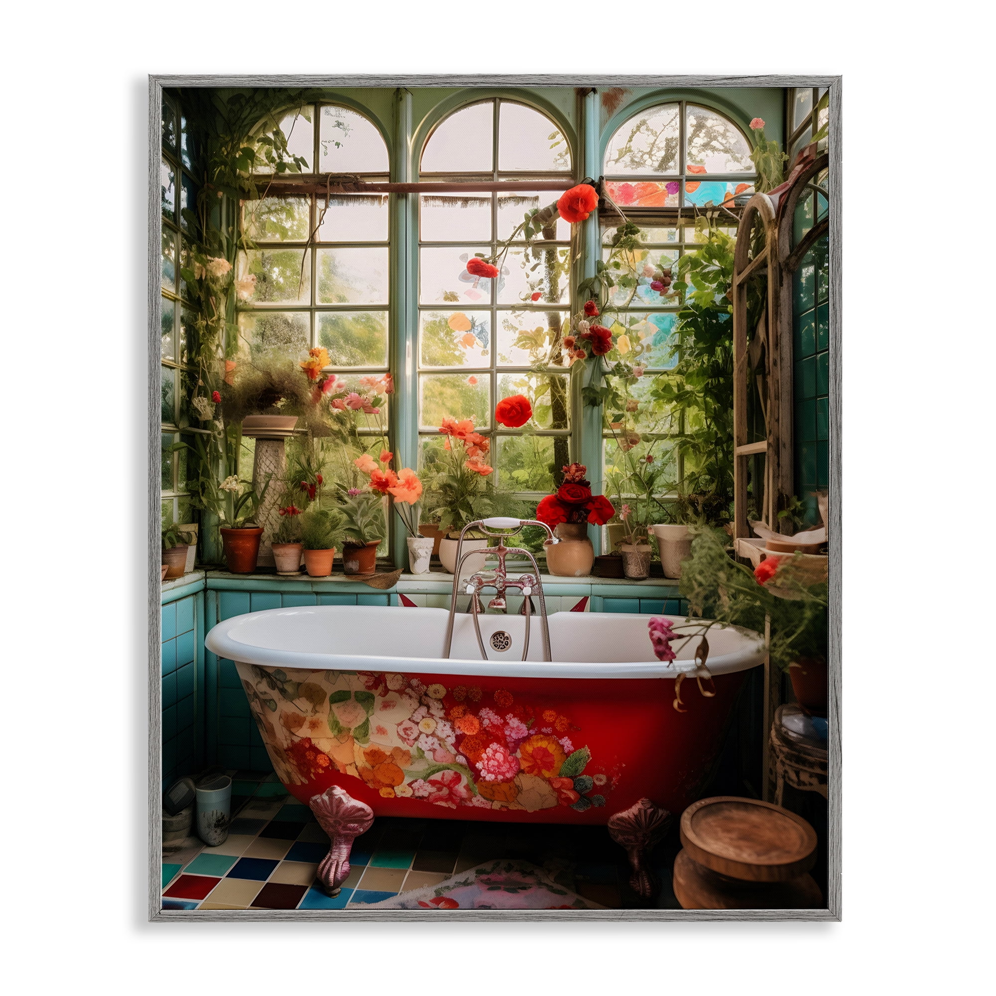 Floral Sunroom Tub Gray Framed Giclee Art, design by Lettered and Lined