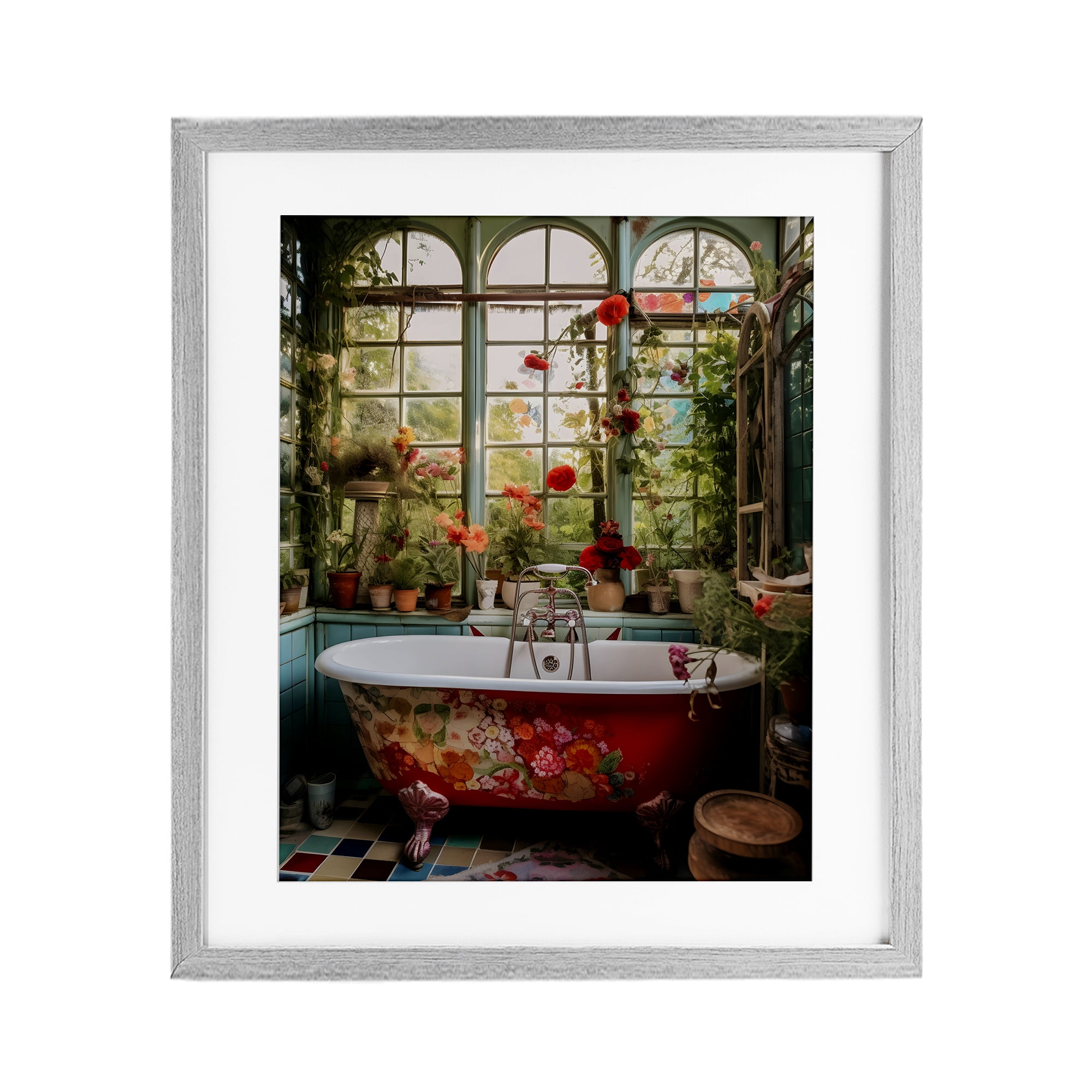 Floral Sunroom Tub Gray Framed Print Under Glass, design by Lettered and Lined
